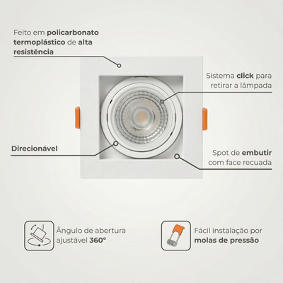 Spot Quadrado de Embutir MR16 Recuado Direcionável com Soquete GU10 – Branco, Preto ou Preto e Branco