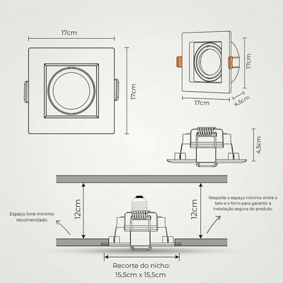 Spot Quadrado de Embutir PAR30 Recuado Direcionável com Soquete E27 – Branco, Preto ou Preto e Branco
