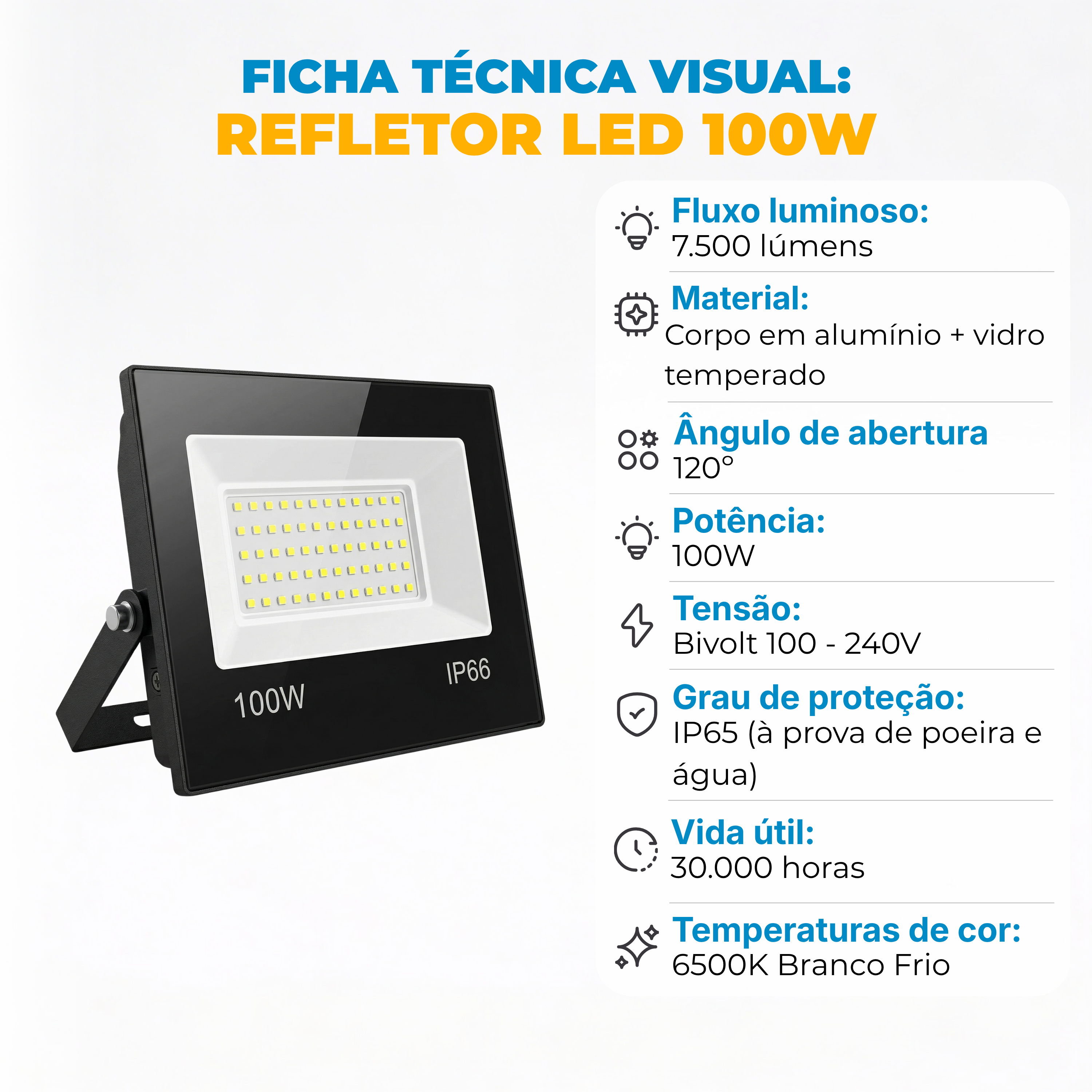 Refletor LED 100W Branco Frio Bivolt IP65 – Iluminação Externa de Alta Potência