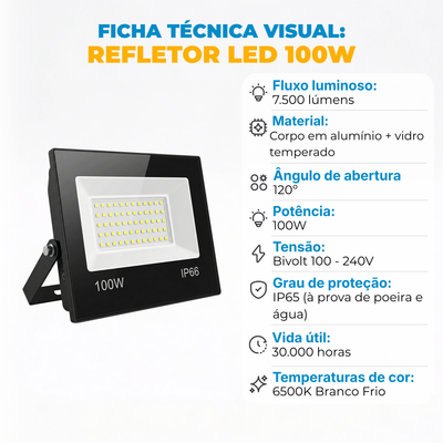 Refletor LED 100W Branco Frio Bivolt IP65 – Iluminação Externa de Alta Potência