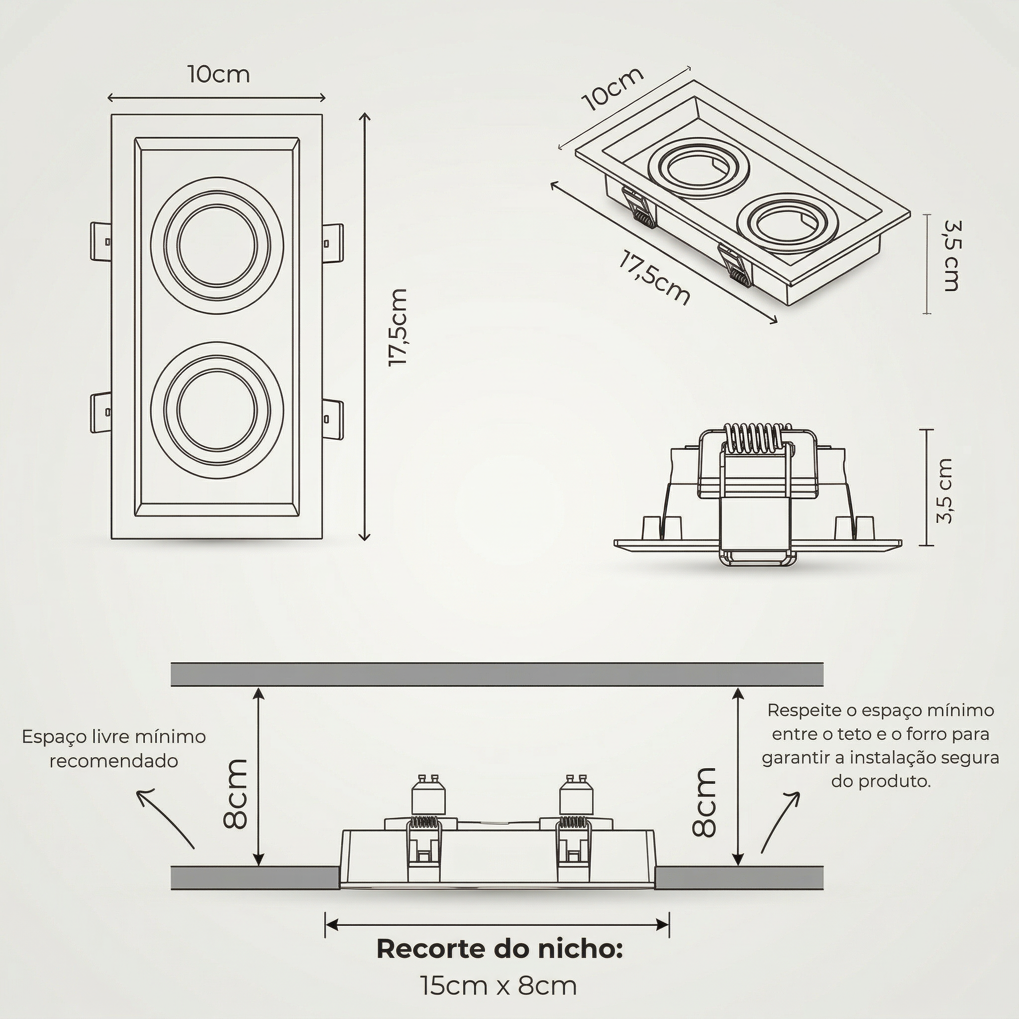 Spot Duplo MR16 de Embutir Recuado Direcionável com Soquete GU10 – Branco ou Preto