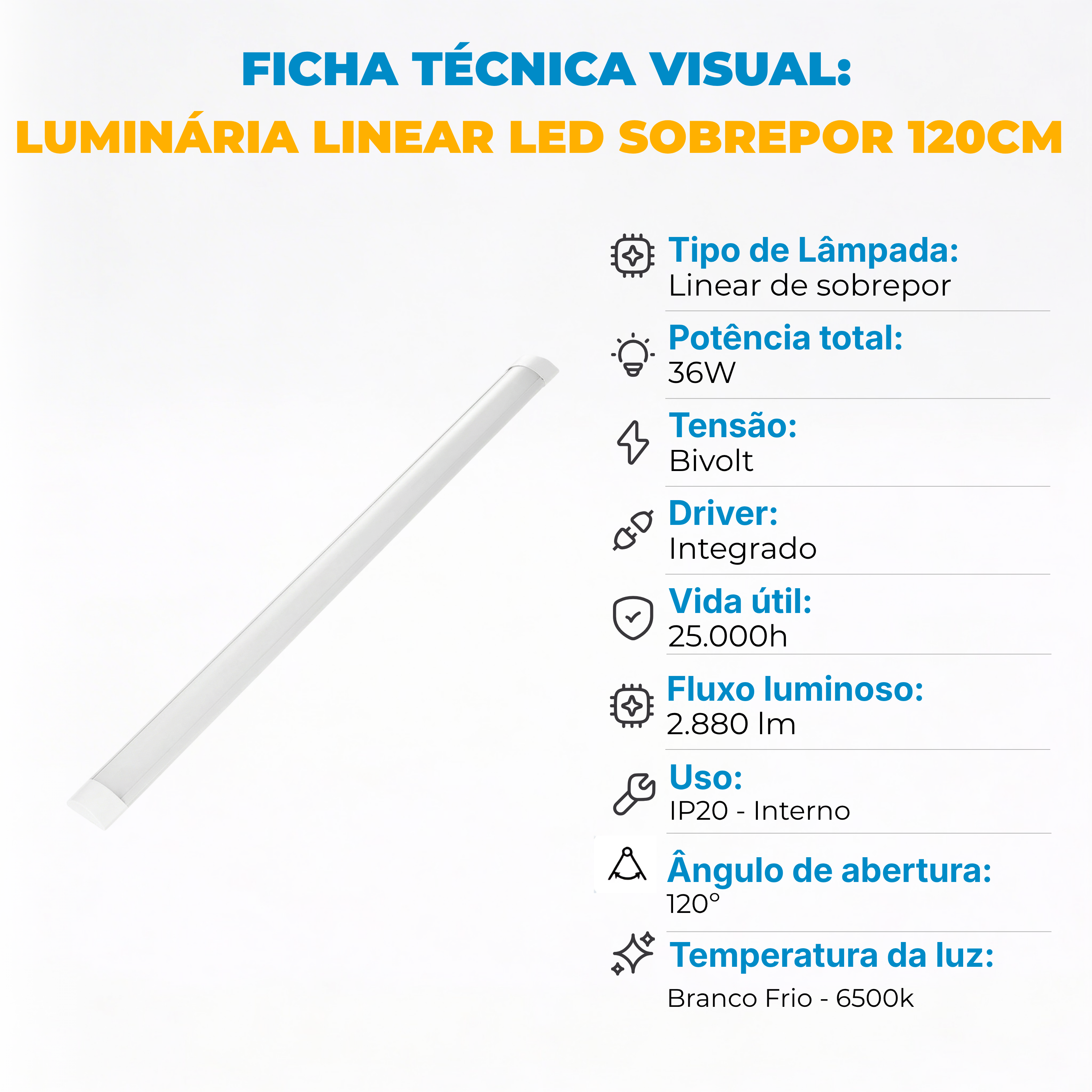 Luminária Linear LED 120cm 36W de Sobrepor Bivolt