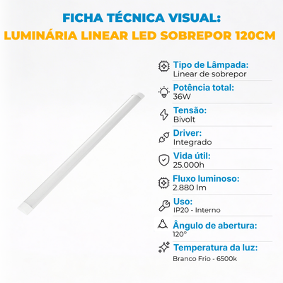 Luminária Linear LED 120cm 36W de Sobrepor Bivolt