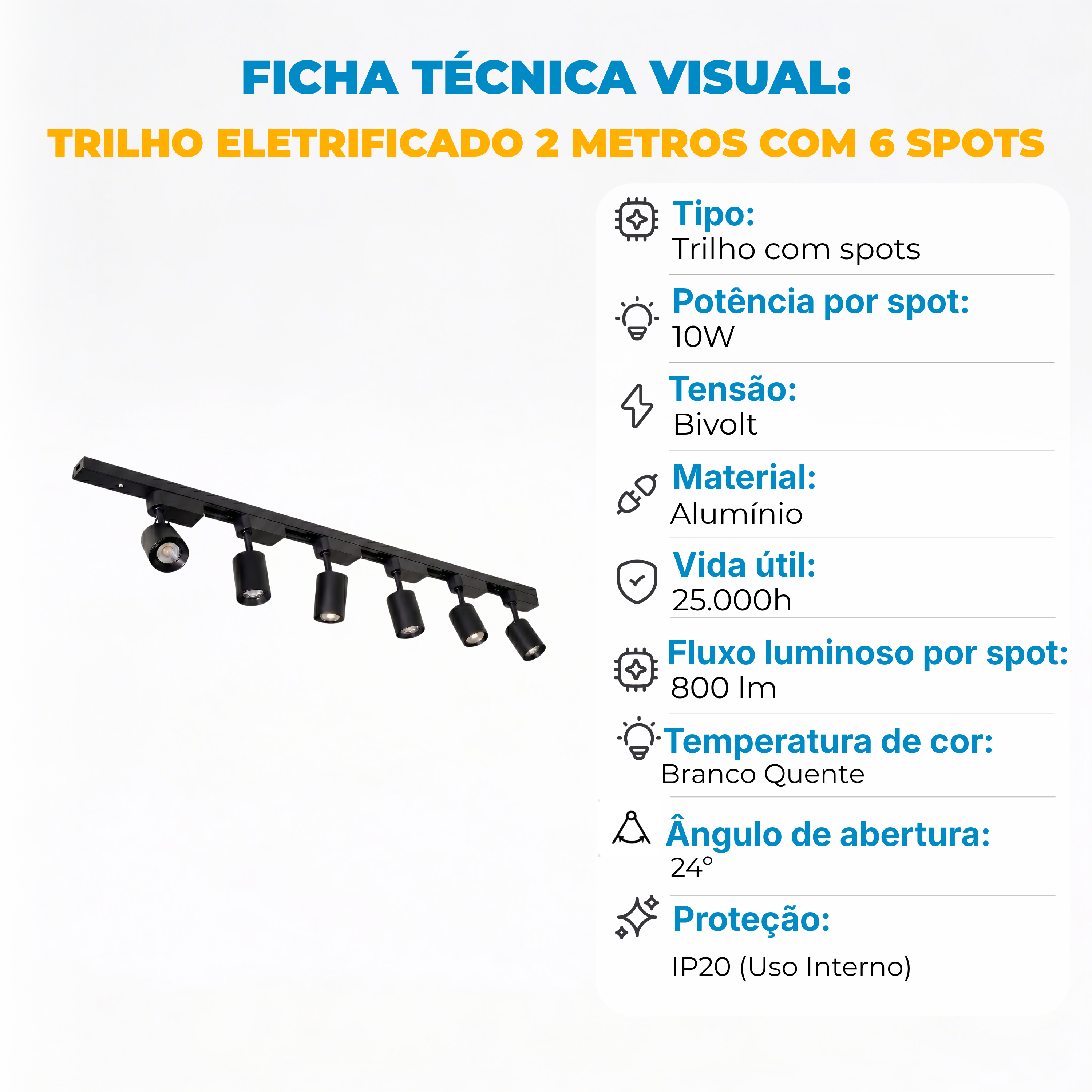 Kit Trilho Eletrificado 2 Metros com 6 Spots LED 10W Bivolt – Iluminação Direcionável