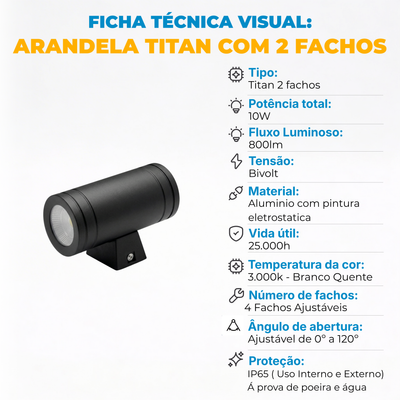 Arandela LED Titan 10W Bivolt – 2 Fachos – Alumínio – IP66 – Uso Externo