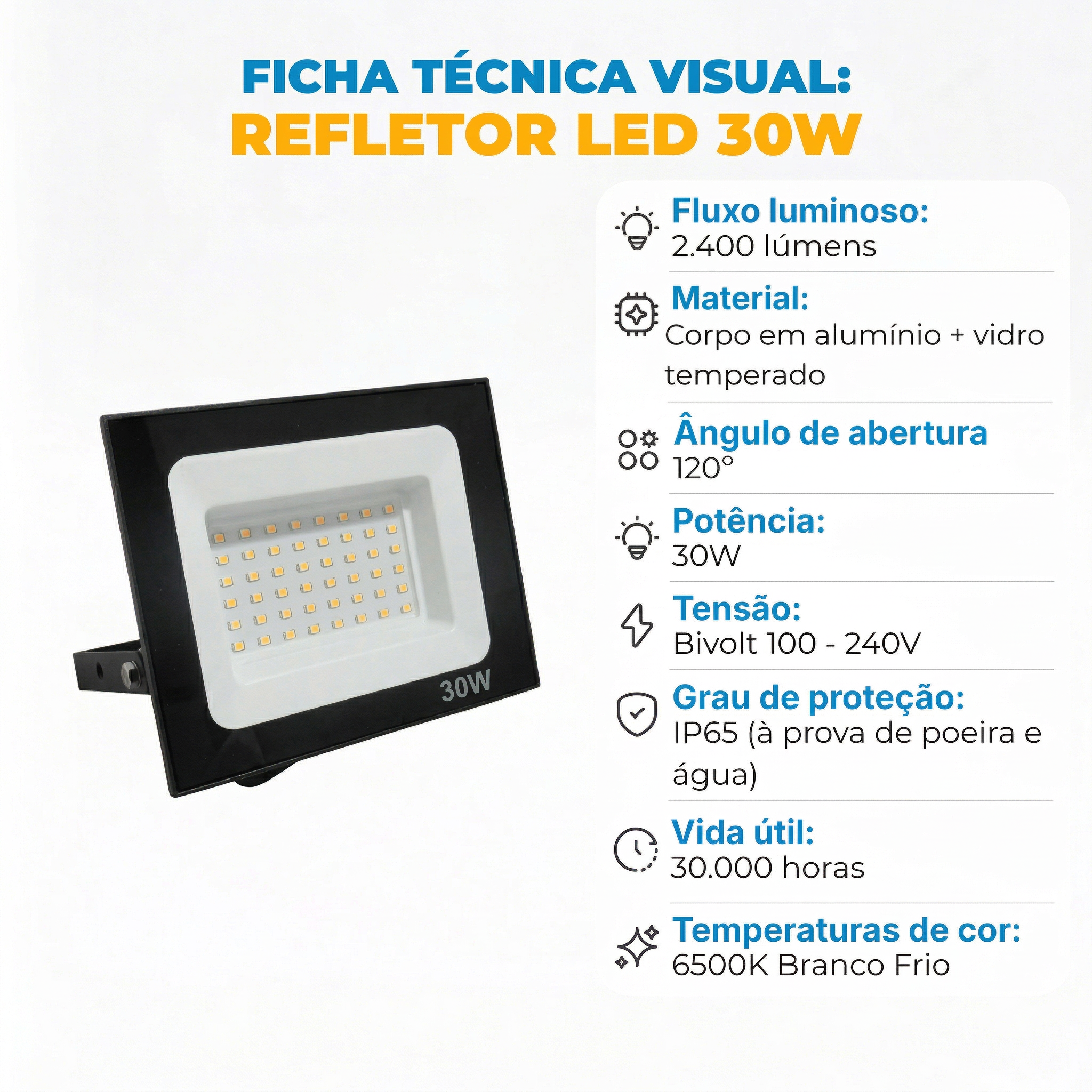 Refletor LED 30W Bivolt IP65 Iluminação Externa Alta Potência