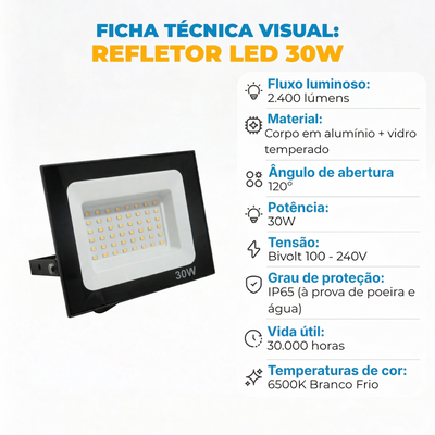 Refletor LED 30W Bivolt IP65 Iluminação Externa Alta Potência