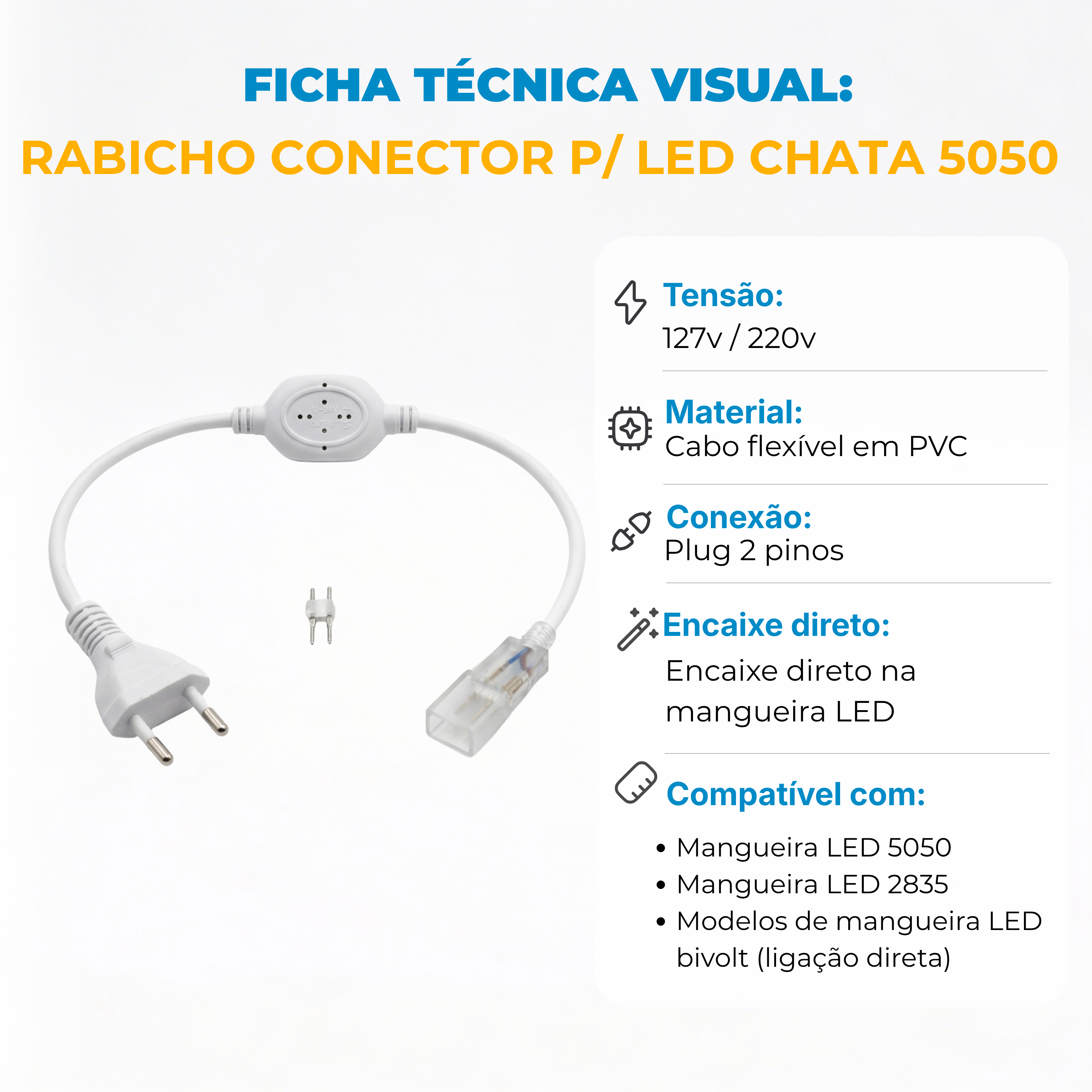 Rabicho Conector para Mangueira LED Chata 5050 – Alimentação Direta 110V ou 220V