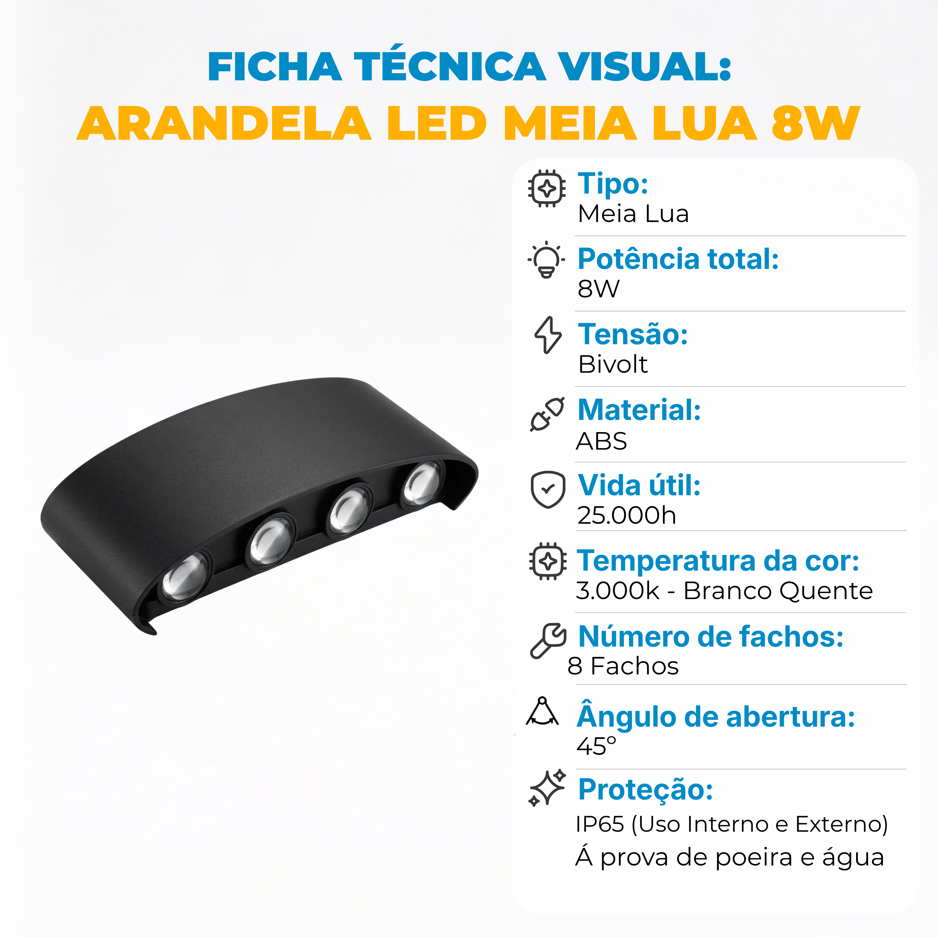 Arandela LED Meia Lua 8W IP65 – 8 Fachos – Branco Quente – Bivolt