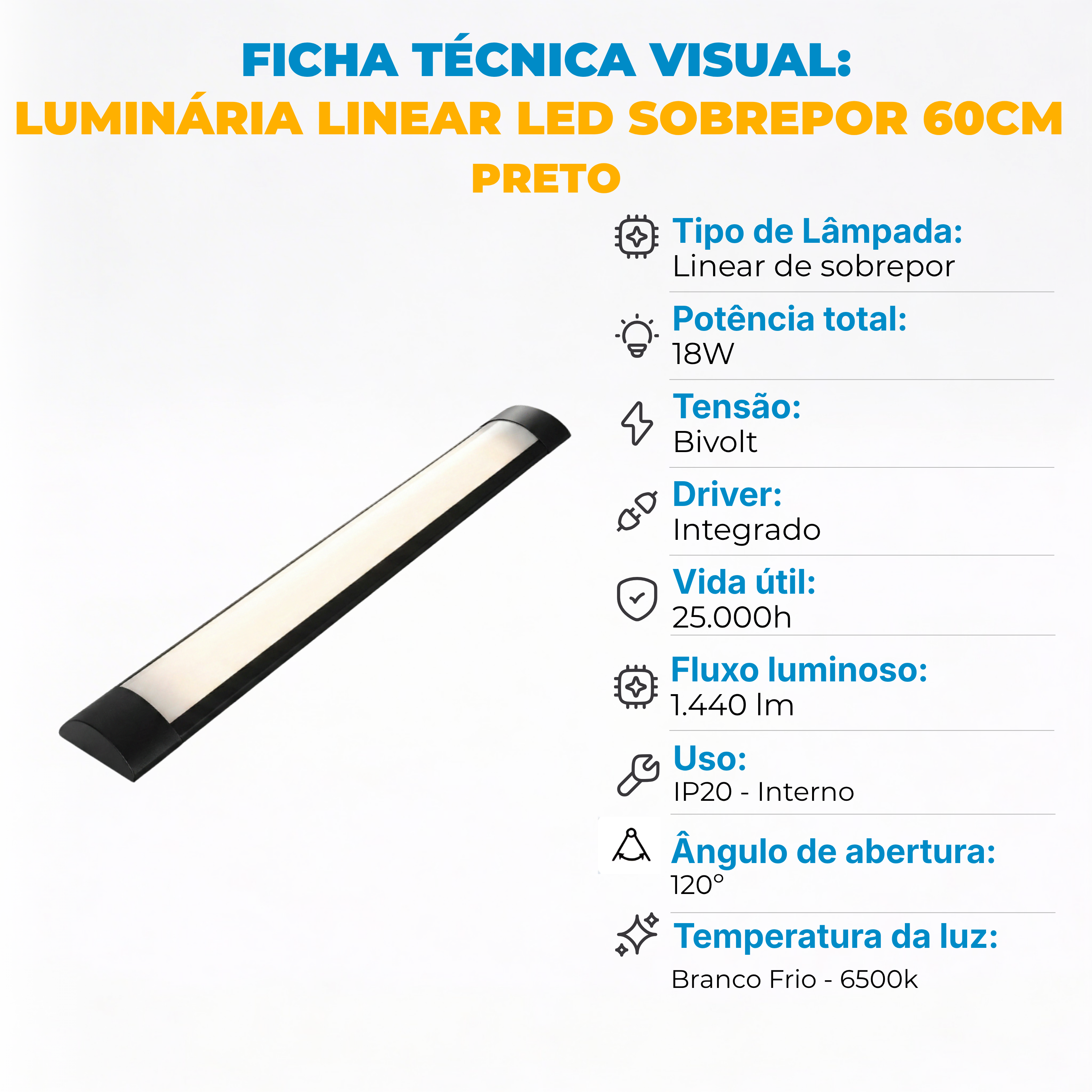 Luminária Linear LED 18W 60cm de Sobrepor Bivolt Borda Preta