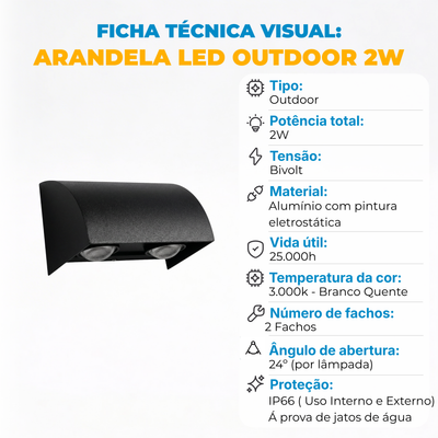 Arandela LED Outdoor 2W Bivolt IP66 – 2 Fachos – Alumínio – Branco Quente 3000K