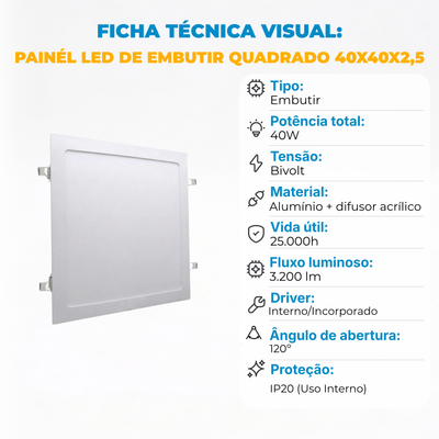 Painel LED Quadrado de Embutir 40x40 36W Bivolt IP20 – Branco Quente, Neutro ou Frio