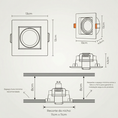Spot Quadrado de Embutir PAR20 Recuado Direcionável com Soquete E27 – Branco, Preto ou Preto e Branco
