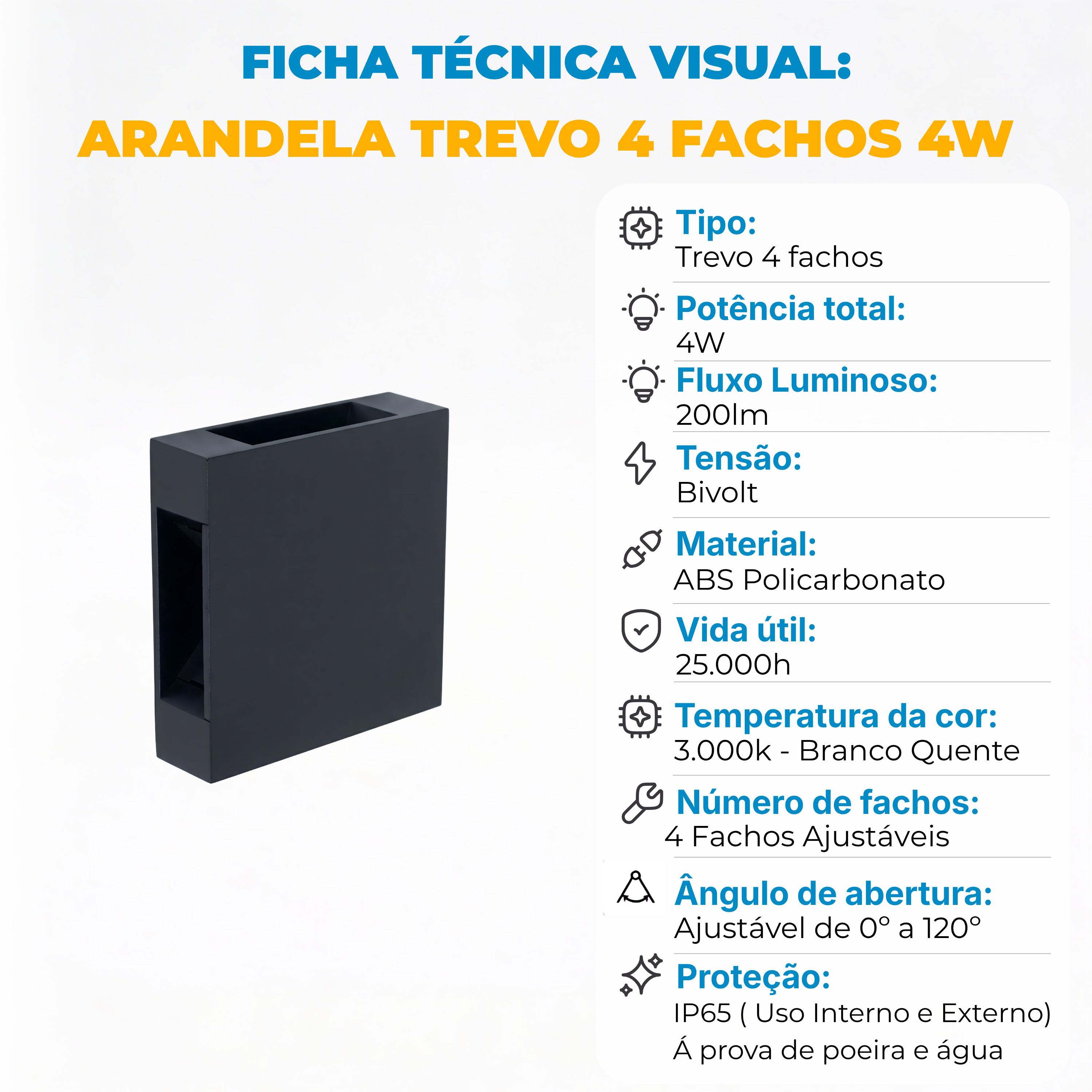 Arandela LED 4 Fachos Ajustáveis 4W Bivolt – Branco Quente | Uso Externo IP65 | Preta ou Branca
