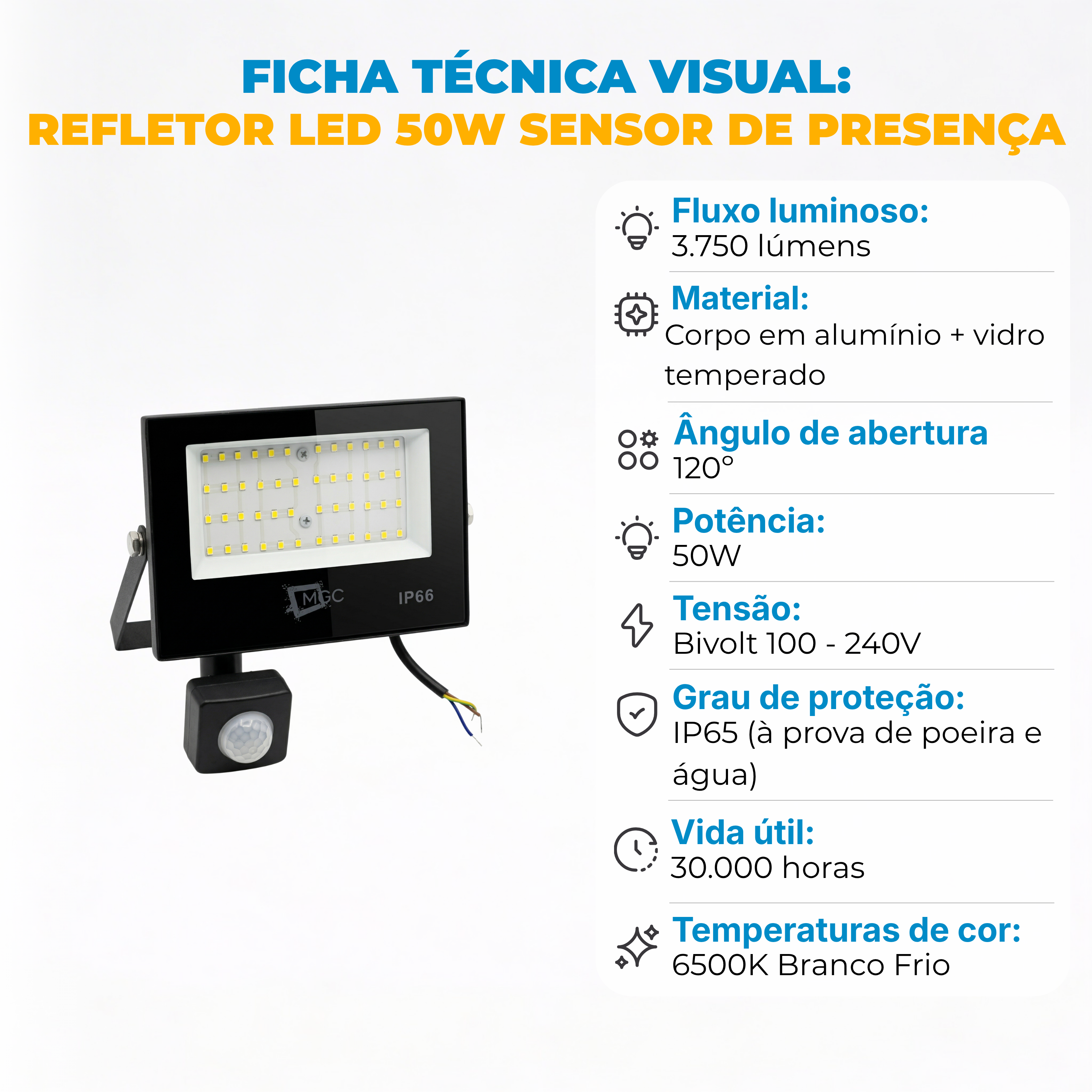 Refletor LED 50W com Sensor de Presença Bivolt IP65