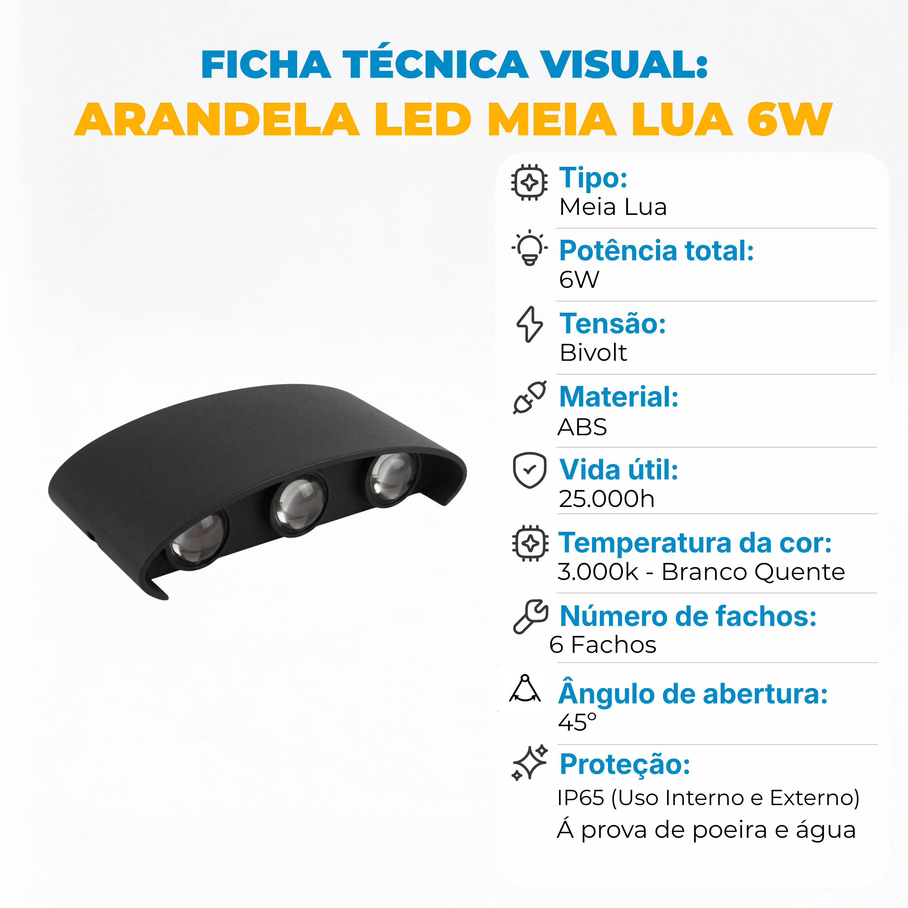 Arandela LED Externa 6W com Lente – 6 Fachos – Branco Quente 3000K – IP65