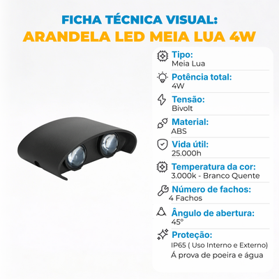 Arandela LED Meia Lua 4W IP65 – 4 Fachos – Branco Quente 3000K – Preta ou Branca