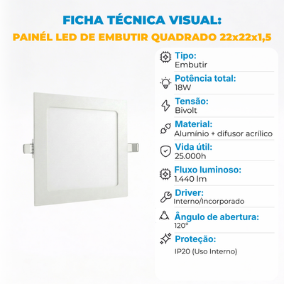 Painel LED 18W Quadrado de Embutir Bivolt – Branco Frio, Neutro ou Quente