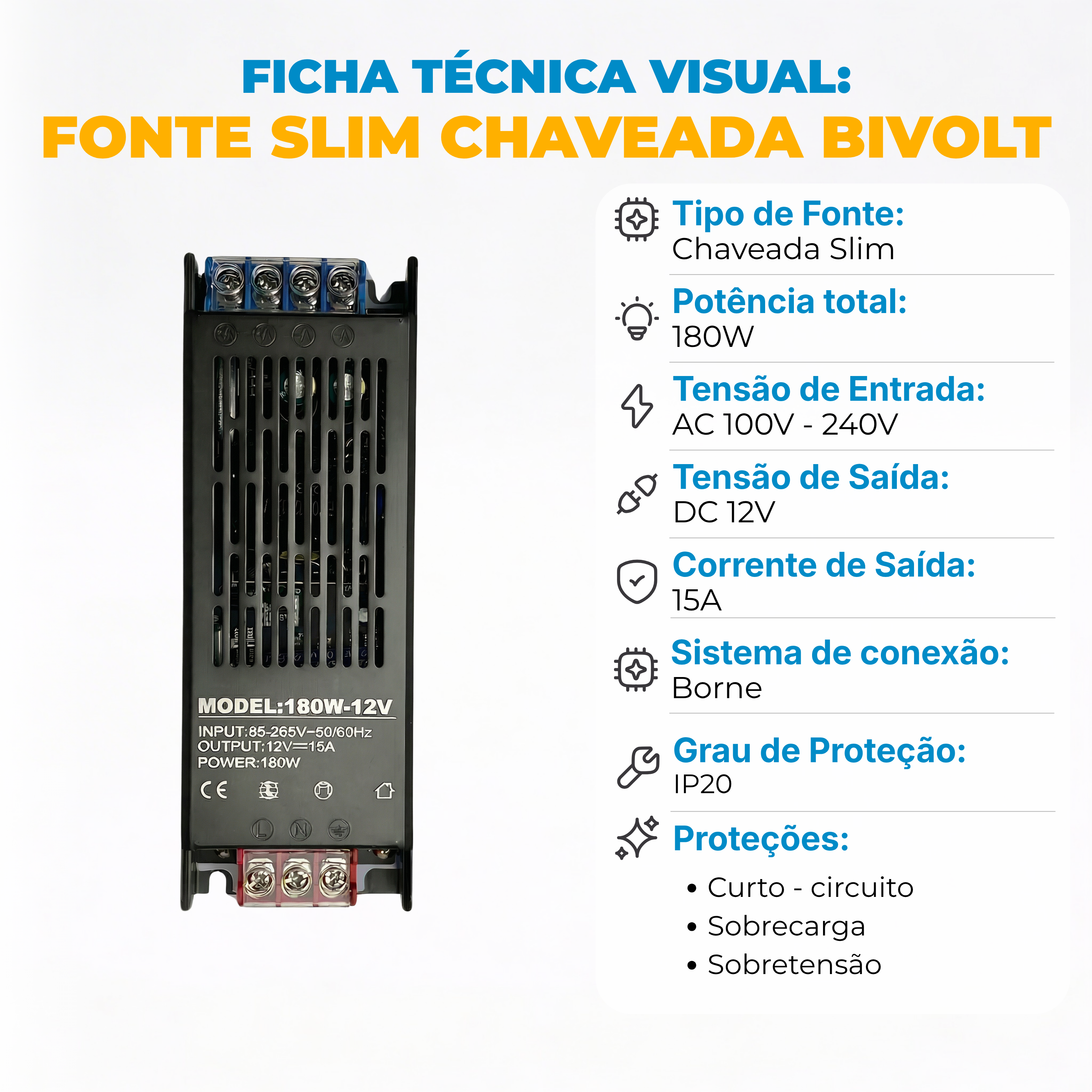 Fonte Chaveada 12V 180W 15A Bivolt para Fita LED – Alta Potência com Proteções