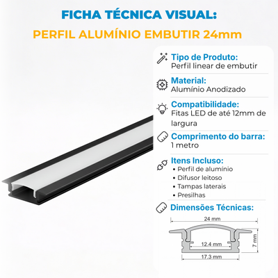 Perfil de Alumínio para Embutir 24x7mm com Difusor Acrílico – Barra 1m – Branco ou Preto