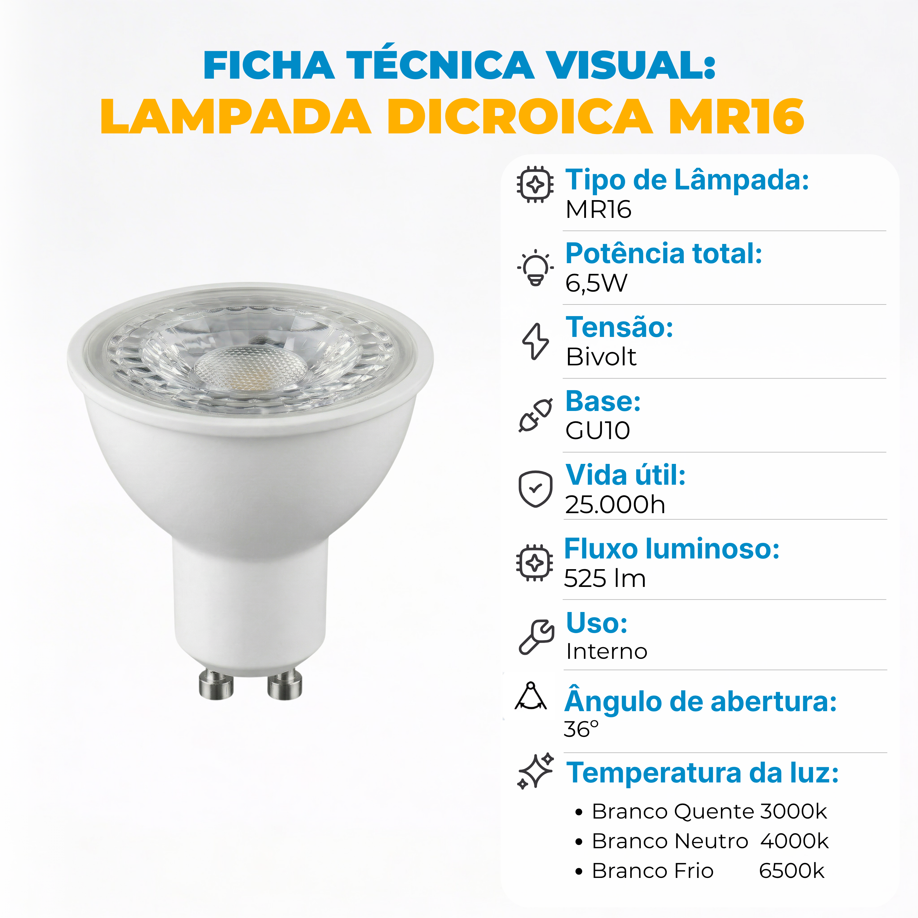 Lâmpada Dicróica LED MR16 GU10 6,5W Bivolt 525lm – 38° | Branco Quente, Neutro ou Frio