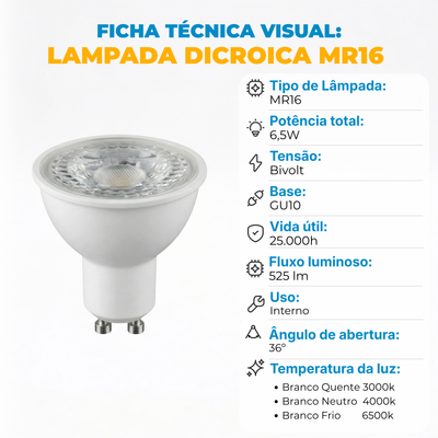 Lâmpada Dicróica LED MR16 GU10 6,5W Bivolt 525lm – 38° | Branco Quente, Neutro ou Frio