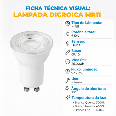 Lâmpada Dicroica LED MR11 GU10 6,5W Bivolt 525lm 38° - Branco Quente, Frio ou Neutro