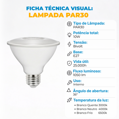 Lâmpada LED PAR30 E27 10W Bivolt – Iluminação Direcionada 40°