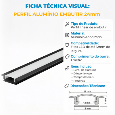 Perfil de Alumínio para Embutir 17x7mm com Difusor Acrílico – Barra 1m – Branco ou Preto