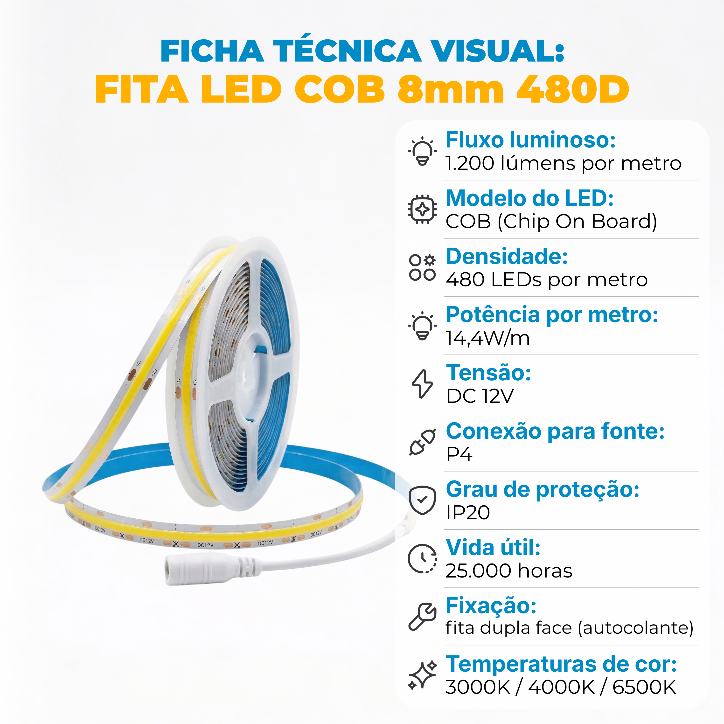 Fita LED COB 480 LEDs/m 5m 12V IP20 – Branco Frio 6500K ou Branco Quente 3000K