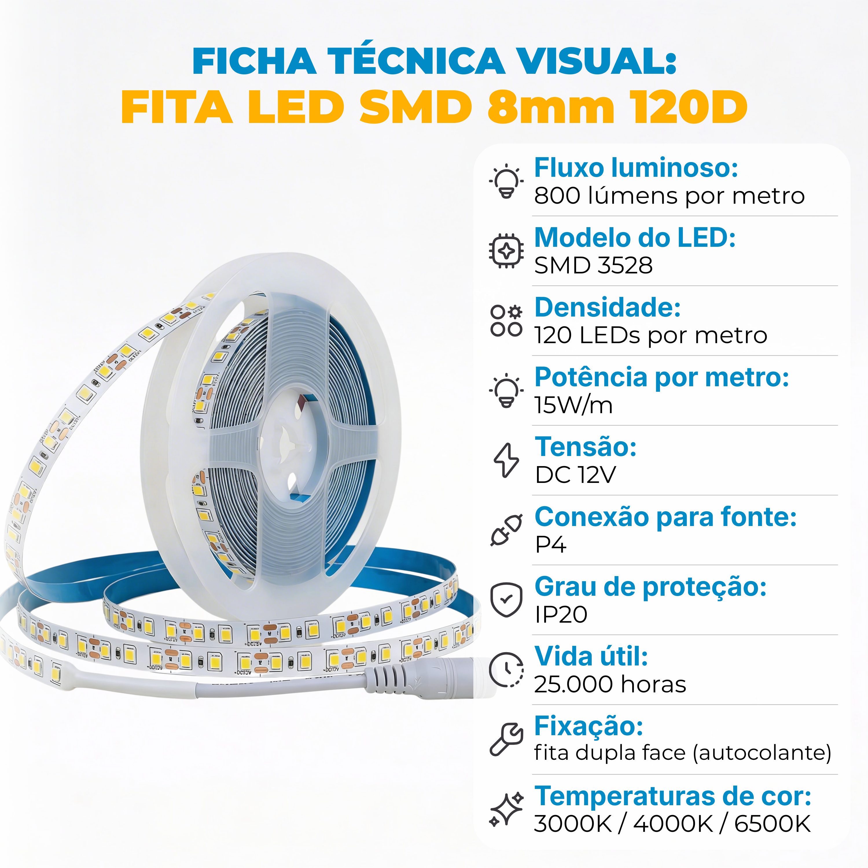 Fita LED 3528 120 LEDs/m 15W/m 12V IP20 – 5 Metros | Branco Frio, Neutro ou Quente