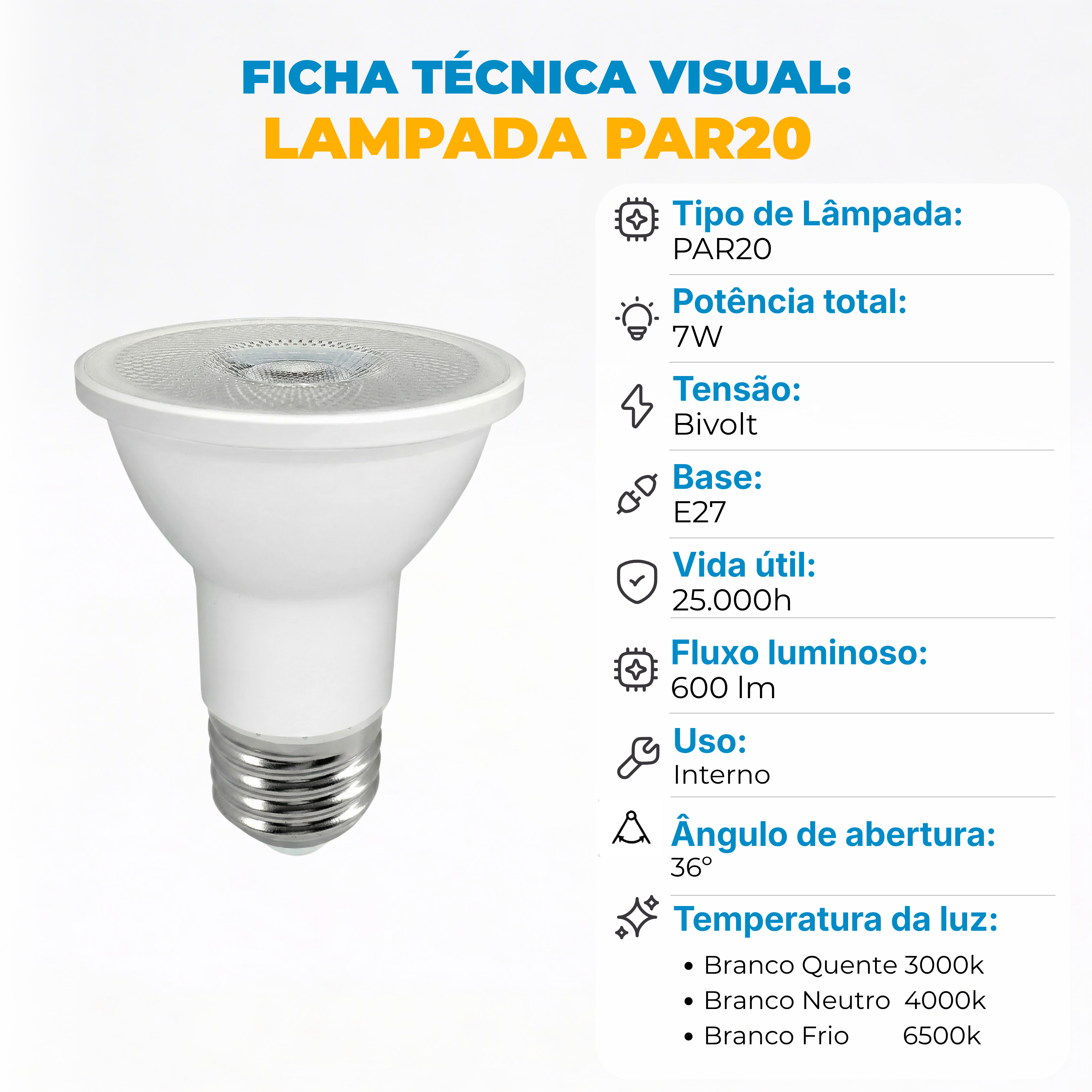 Lâmpada LED PAR20 E27 7W Bivolt – Branco Quente, Frio ou Neutro