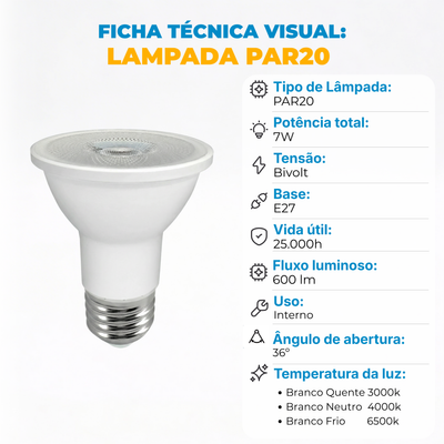 Lâmpada LED PAR20 E27 7W Bivolt – Branco Quente, Frio ou Neutro