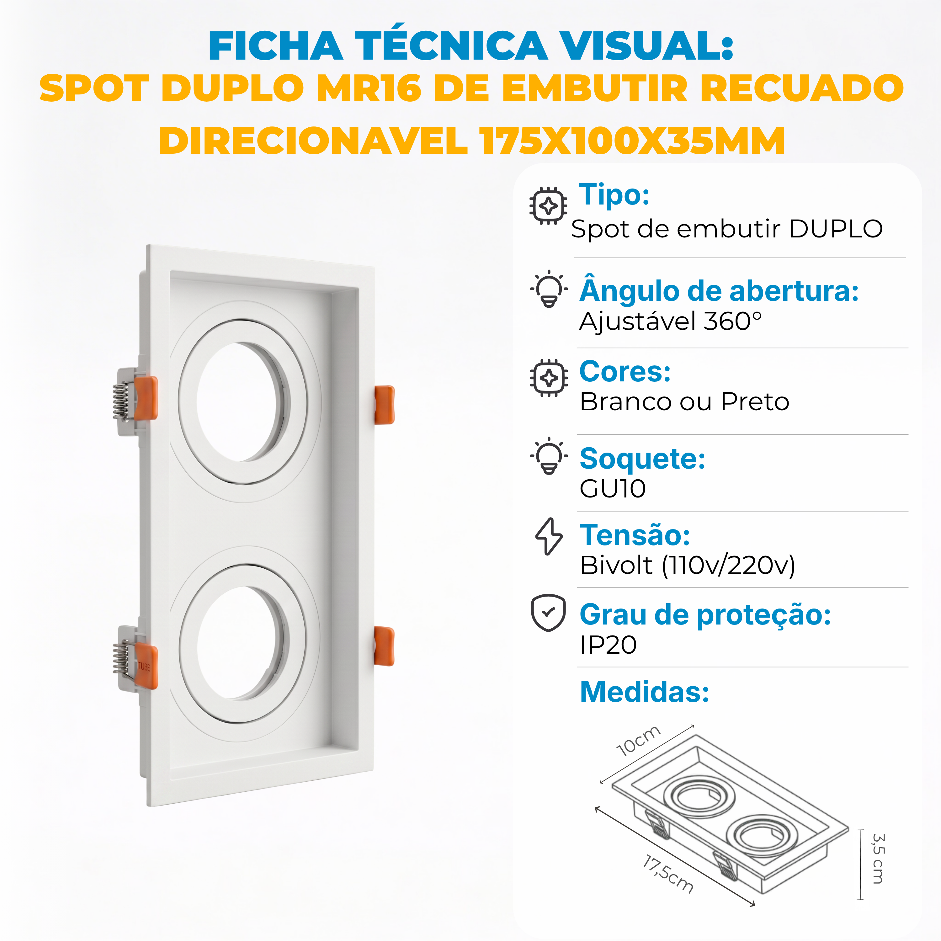 Spot Duplo MR16 de Embutir Recuado Direcionável com Soquete GU10 – Branco ou Preto